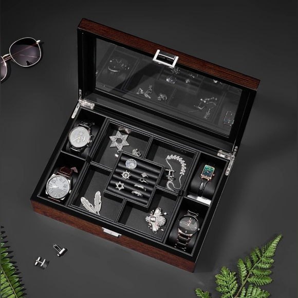 BEWISHOME Jewelry Box for Men with Glass Top, Wooden Watch Box Organizer - Picture 3 of 7